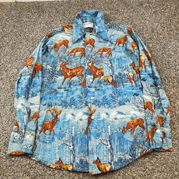 Vintage 60s 70s Flannel Shirt All Over Deer Print Permanent Press Mens Small - Picture 2 of 9